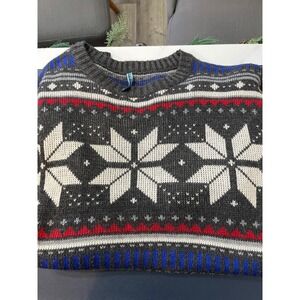 True Rock Men's Snowflake Fair Isle Knit Sweater‎ Size L Dark Gray Red Blue